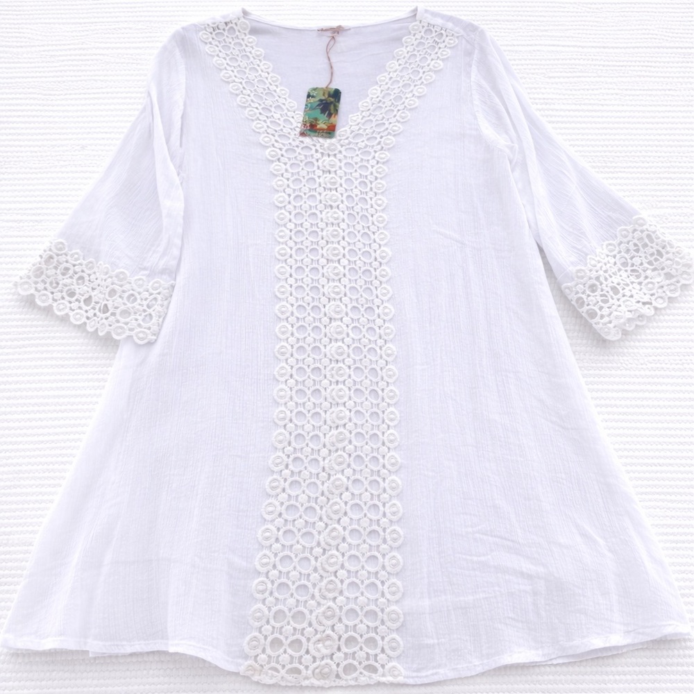 Rise & Bloom White Gauze Lace Swim Cover Up Tunic Beach Resort M